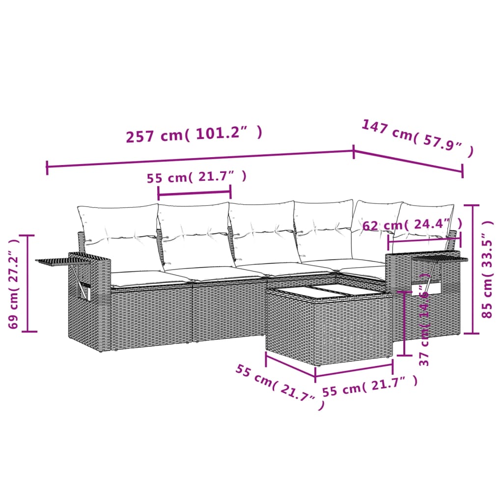 Salon de jardin avec coussins 6 pcs marron résine tressée