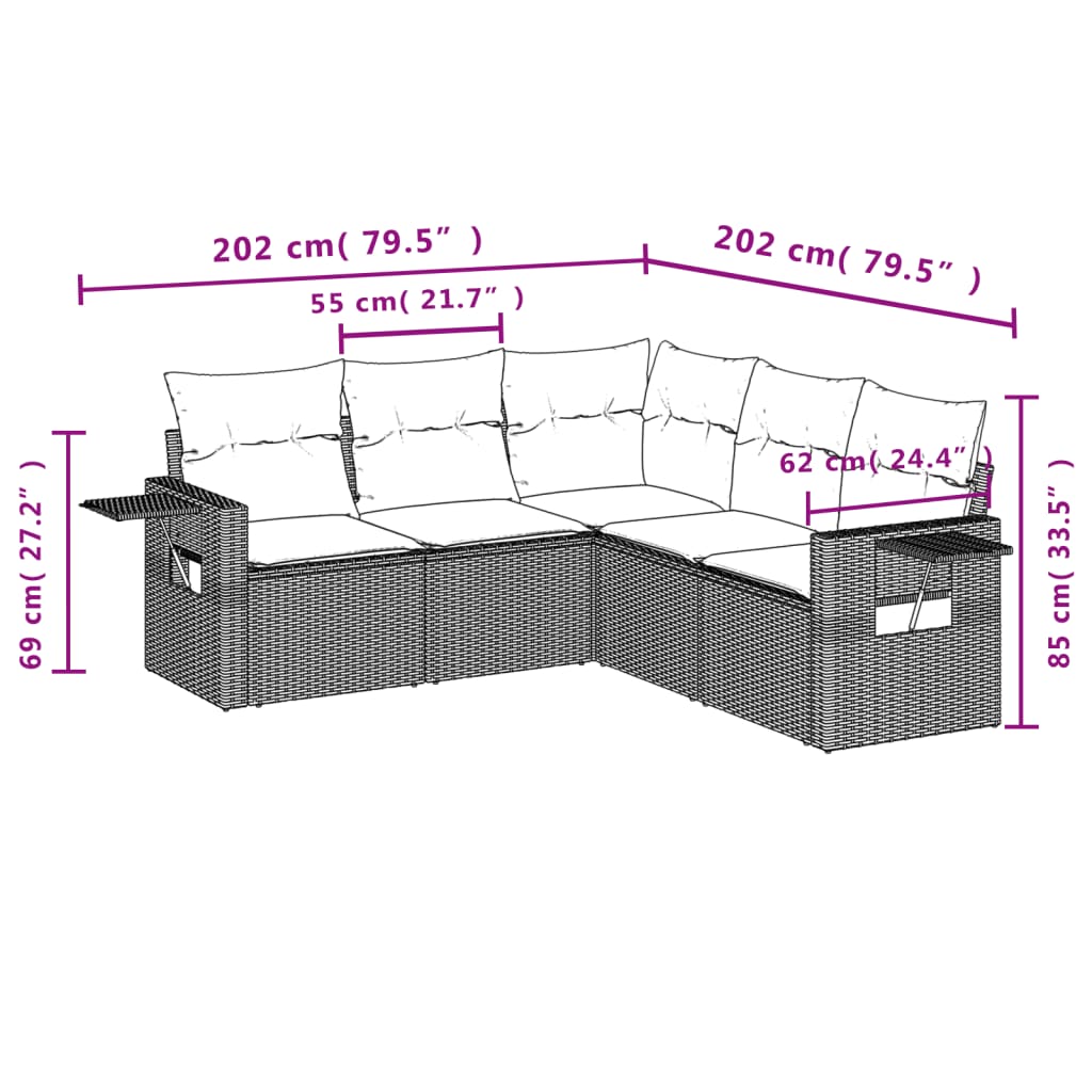 Salon de jardin avec coussins 5 pcs marron résine tressée