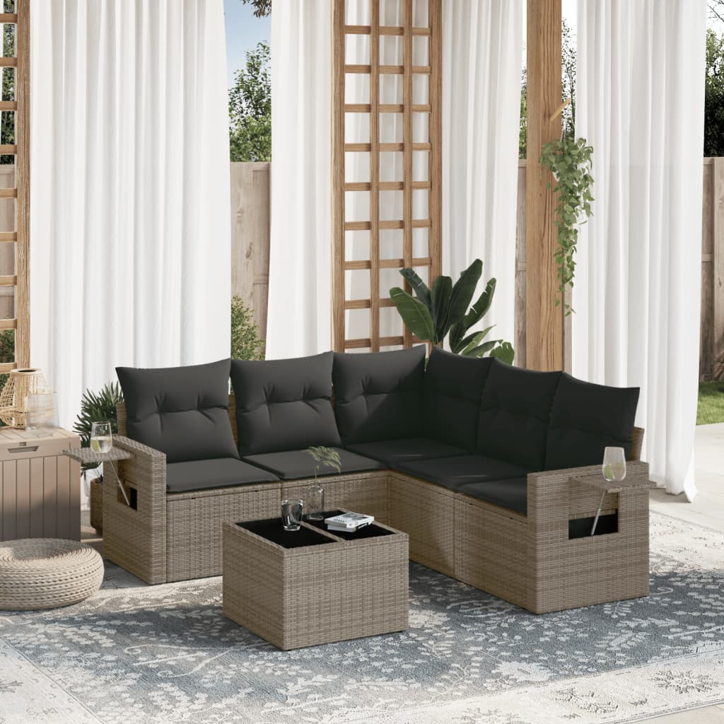 Salon de jardin 6 pcs avec coussins gris résine tressée