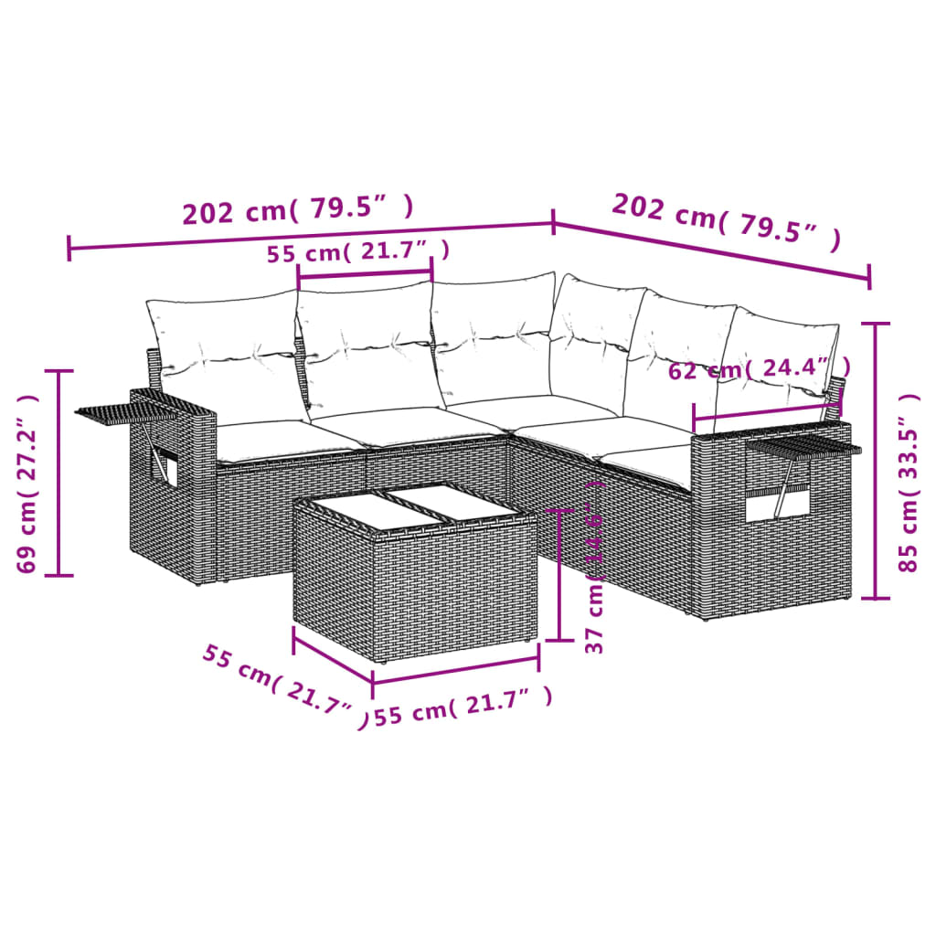 Salon de jardin avec coussins 6 pcs marron résine tressée