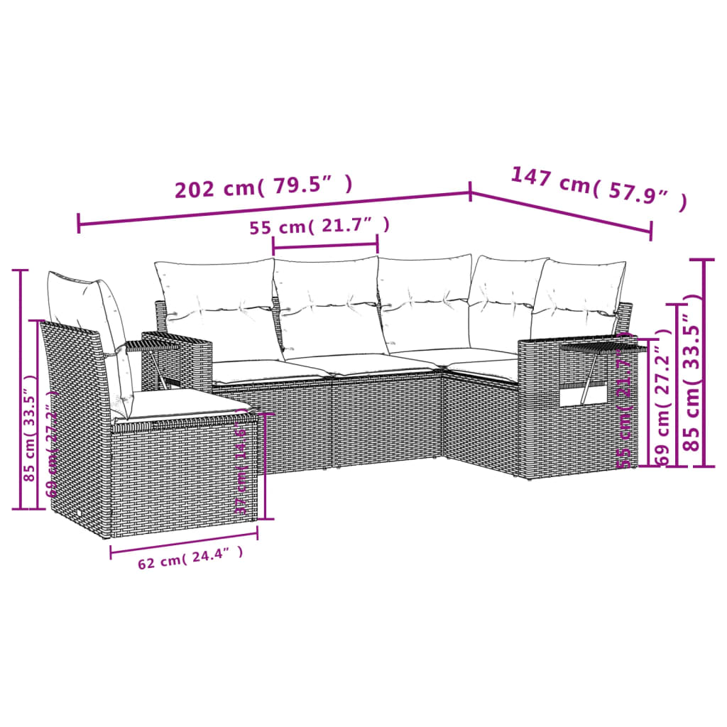 Salon de jardin avec coussins 5 pcs beige résine tressée