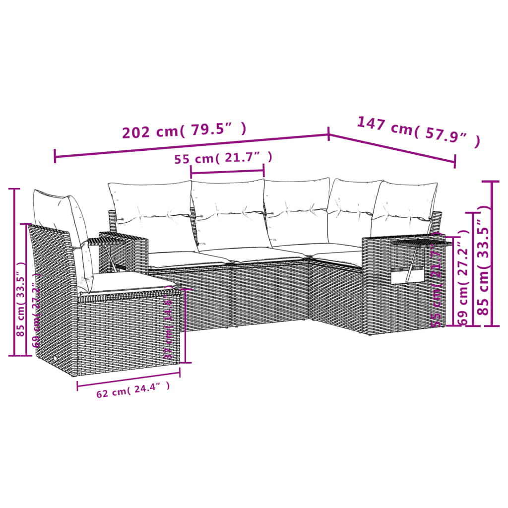 Salon de jardin avec coussins 5 pcs marron résine tressée