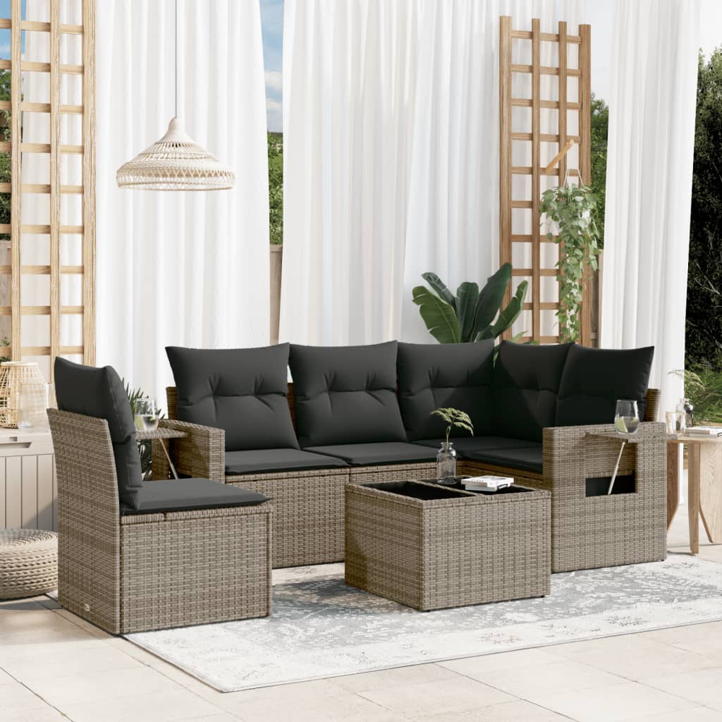 Salon de jardin 6 pcs avec coussins gris résine tressée