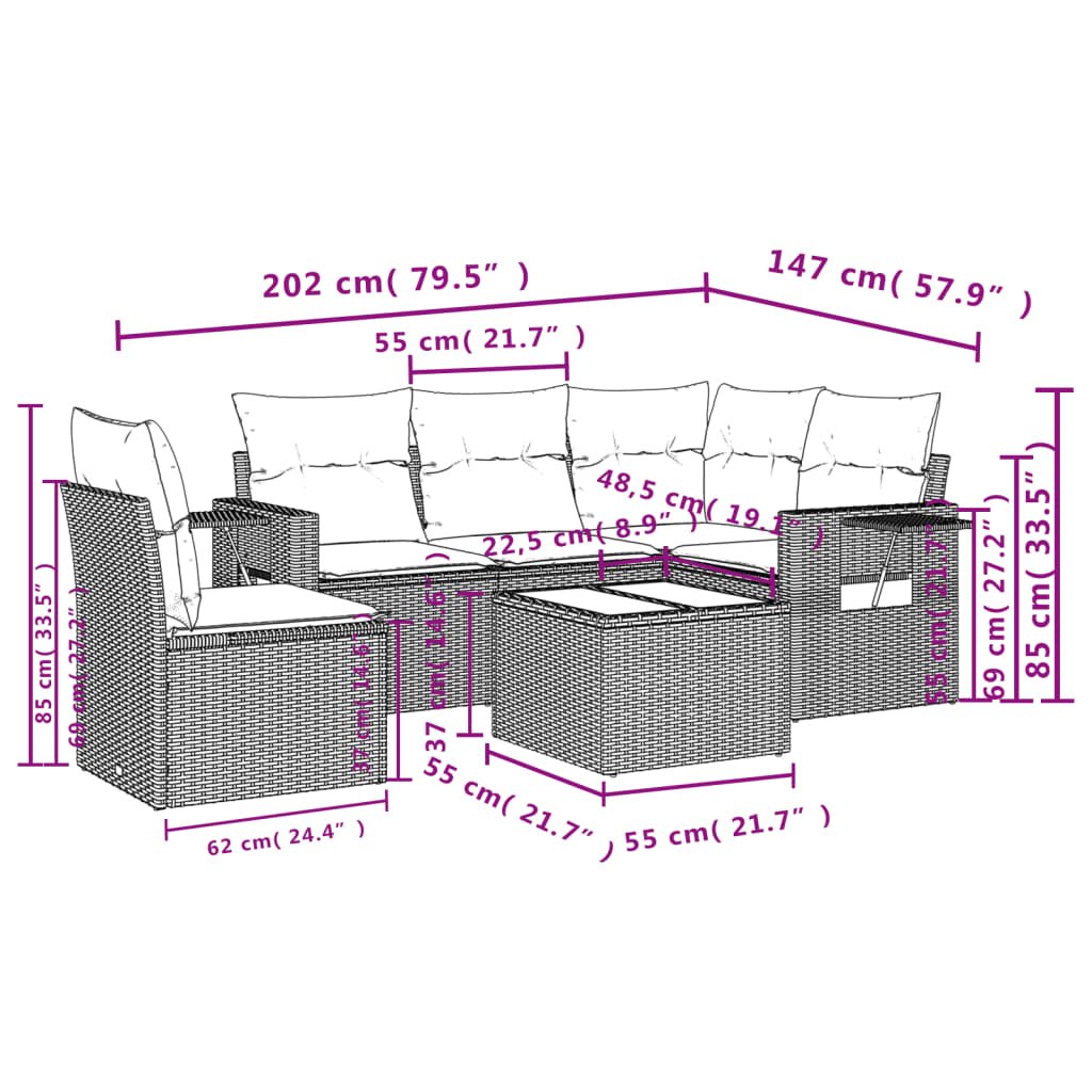 Salon de jardin avec coussins 6 pcs marron résine tressée