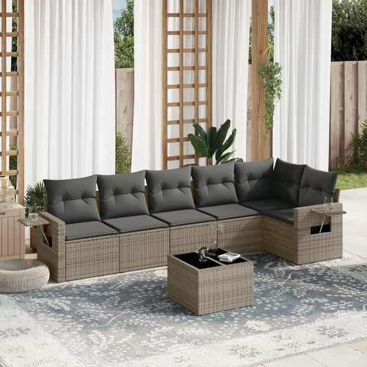 Salon de jardin avec coussins 7 pcs gris résine tressée