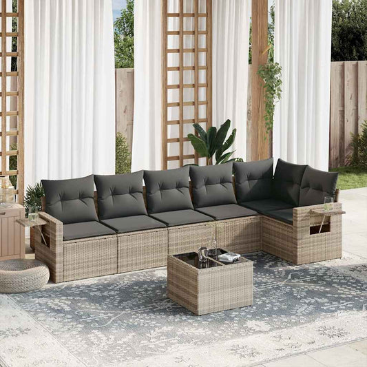 Salon de jardin avec coussins 7 pcs gris clair résine tressée