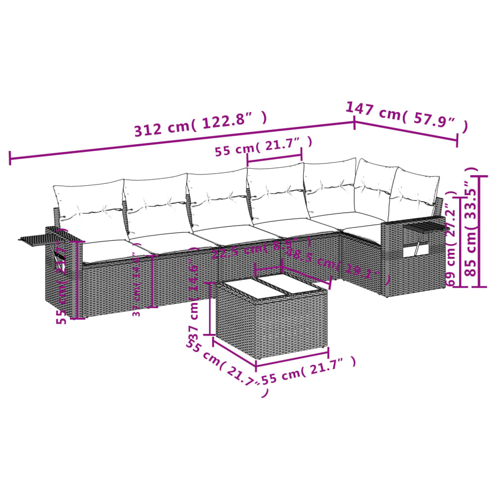 Salon de jardin avec coussins 7 pcs marron résine tressée