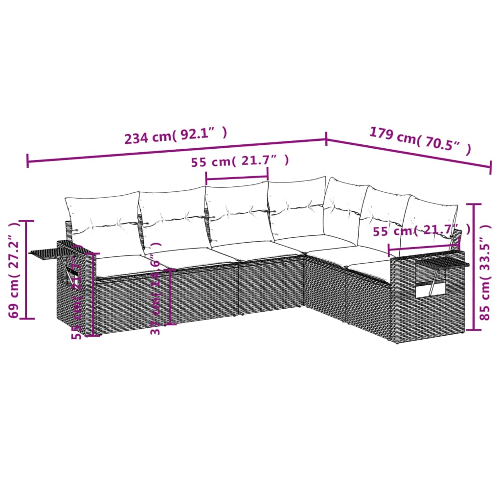 Salon de jardin 6 pcs avec coussins noir résine tressée