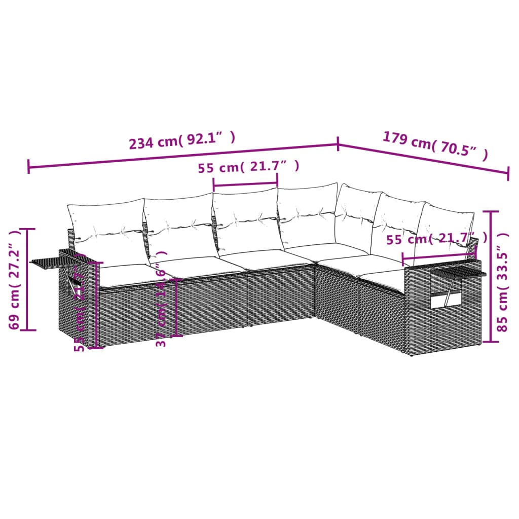 Salon de jardin 6 pcs avec coussins gris résine tressée