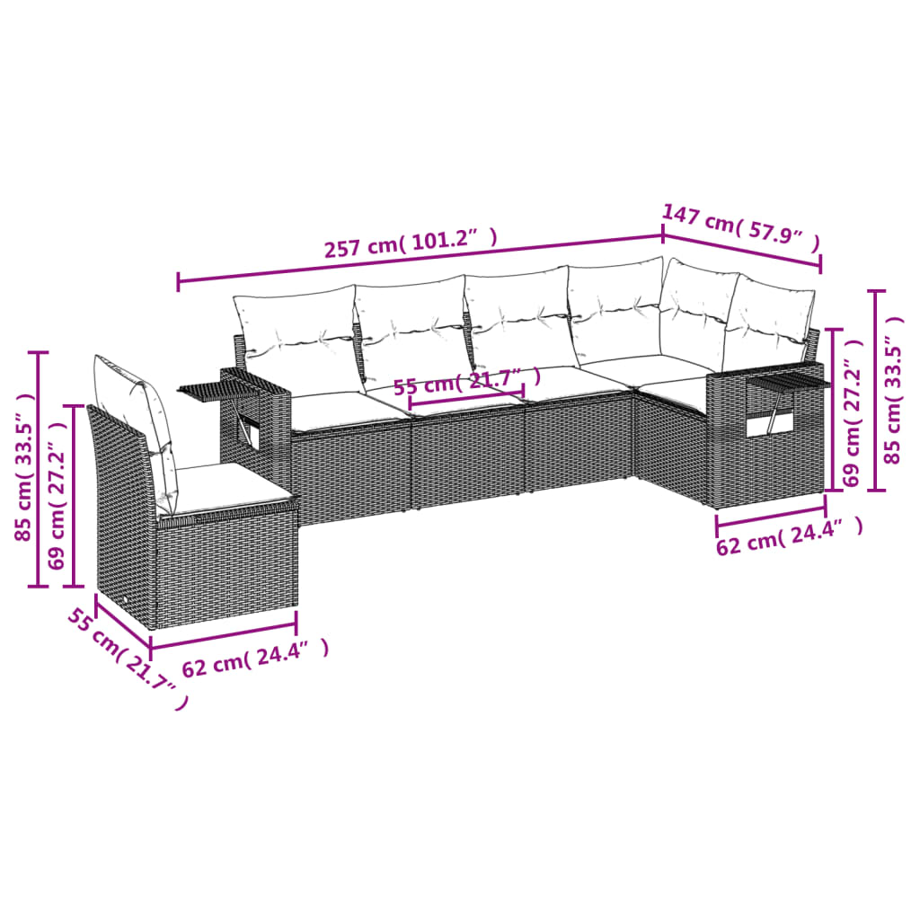 Salon de jardin avec coussins 6 pcs marron résine tressée