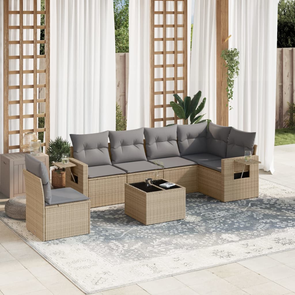 Salon de jardin avec coussins 7 pcs beige résine tressée