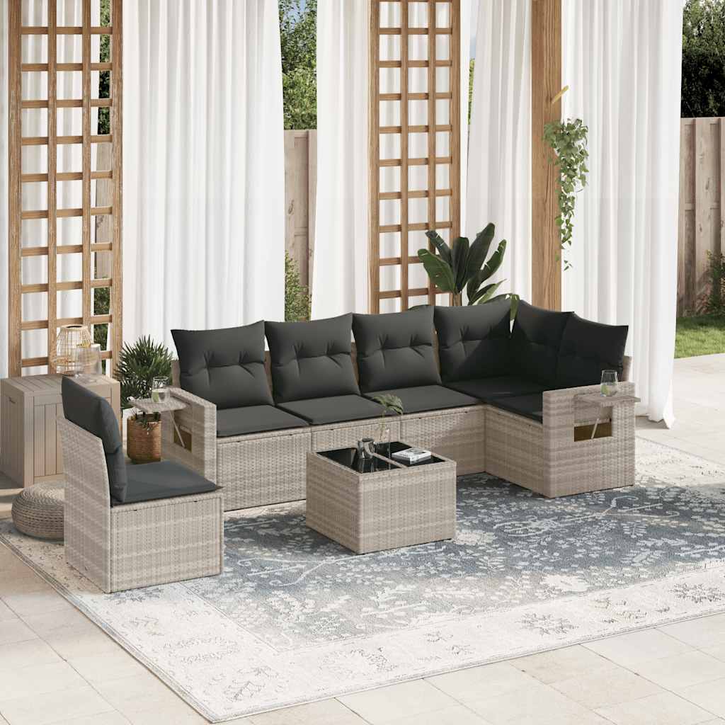 Salon de jardin avec coussins 7 pcs gris clair résine tressée