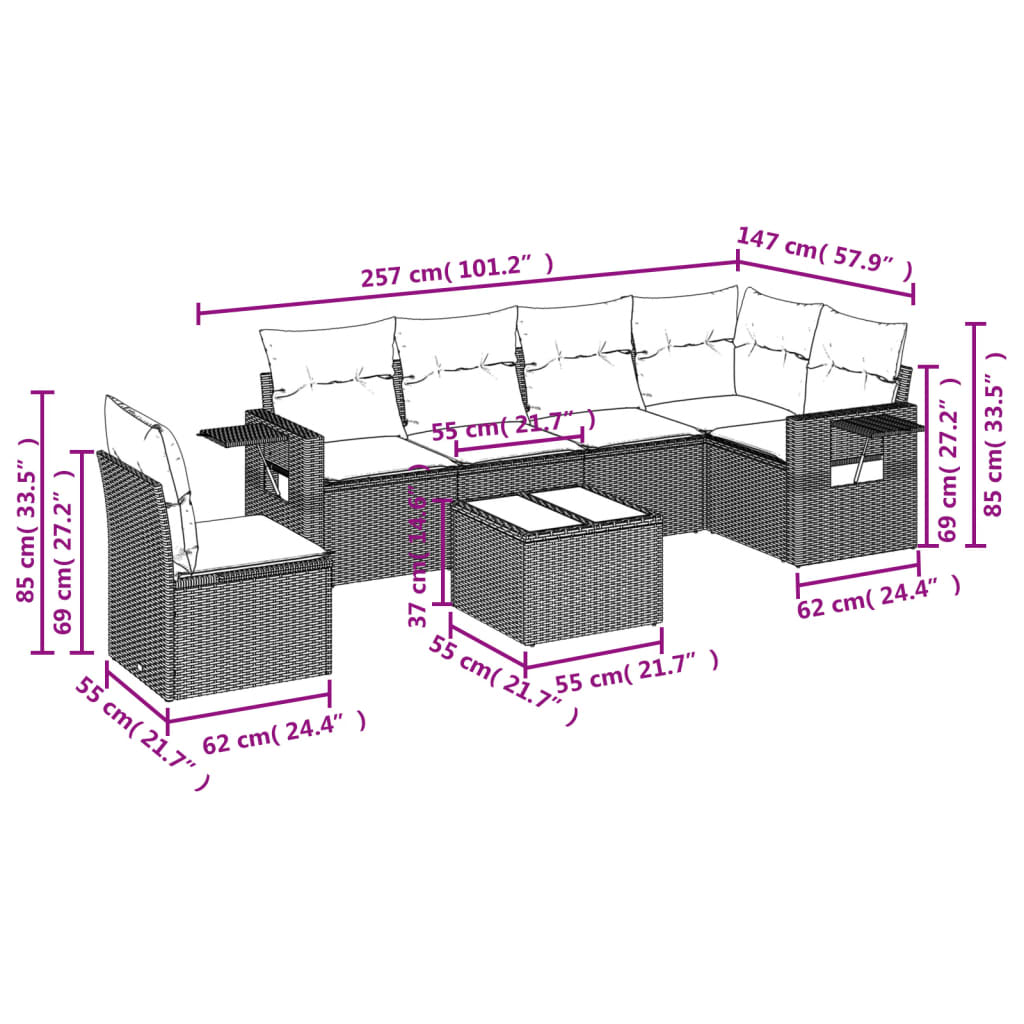 Salon de jardin avec coussins 7 pcs marron résine tressée