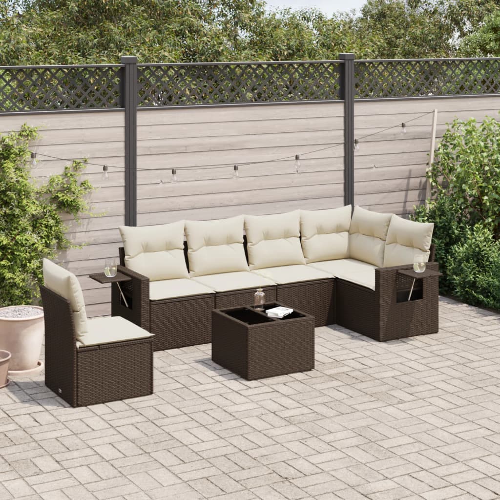 Salon de jardin avec coussins 7 pcs marron résine tressée