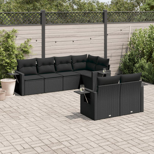 Salon de jardin 7 pcs avec coussins noir résine tressée