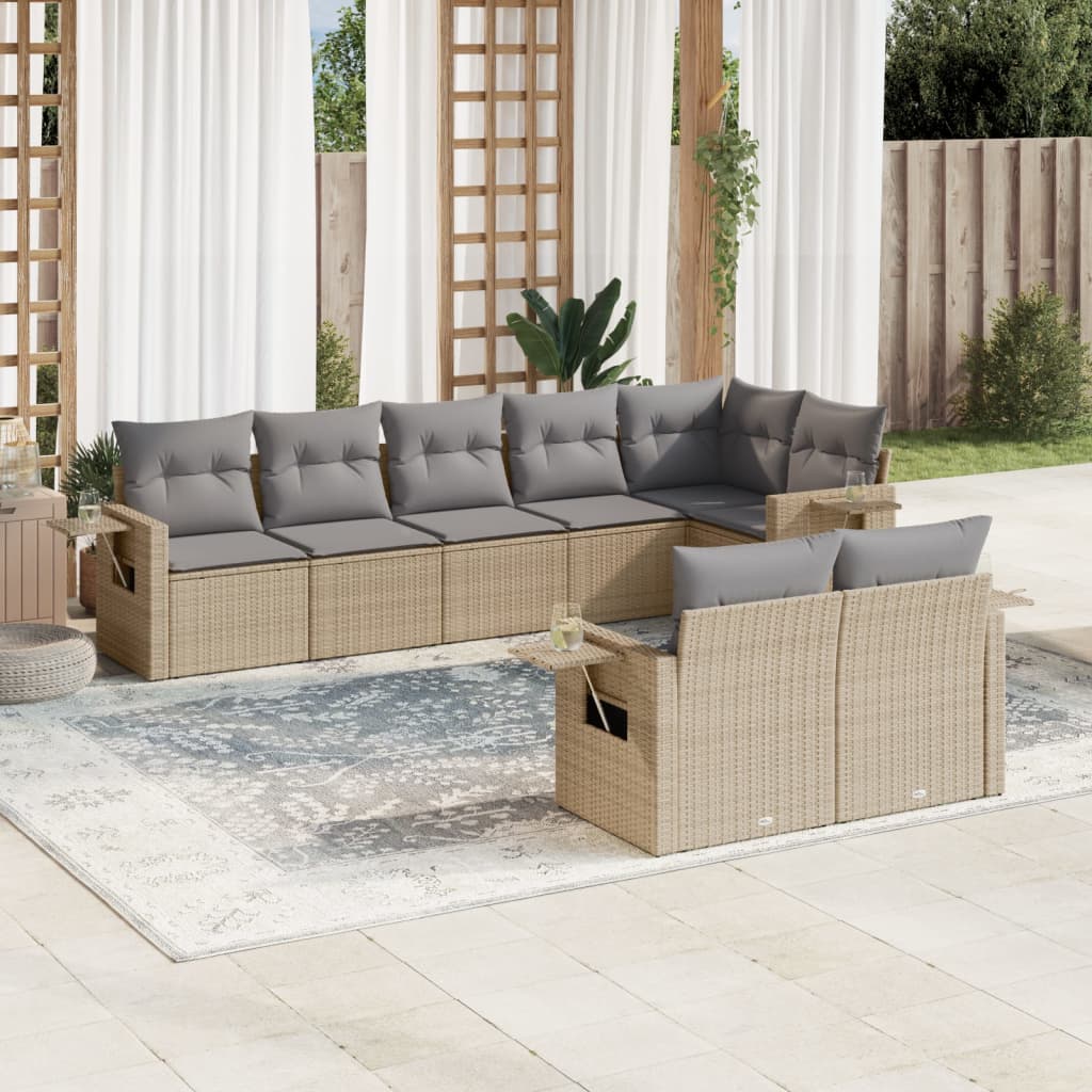 Salon de jardin avec coussins 8 pcs beige résine tressée