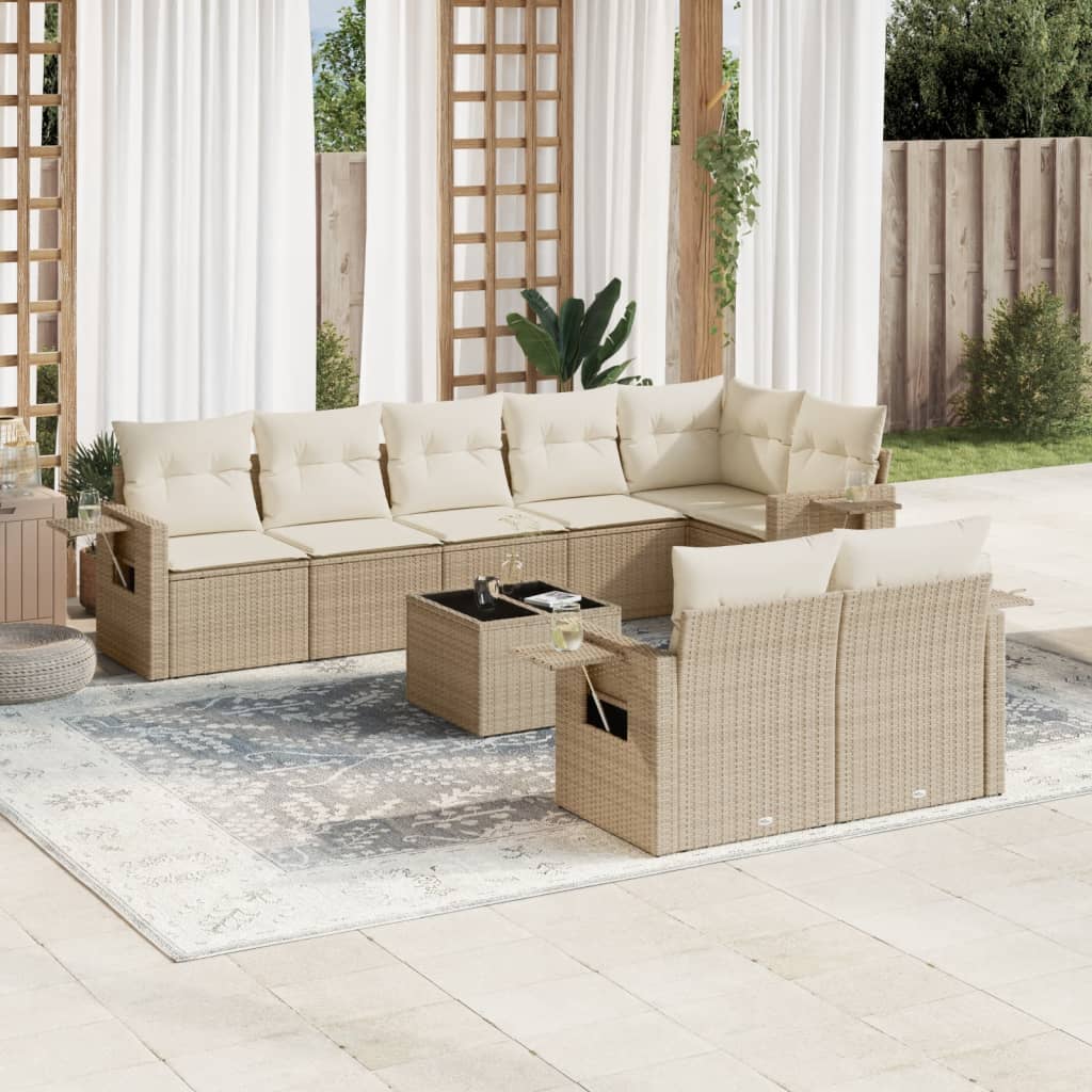 Salon de jardin avec coussins 9 pcs beige résine tressée