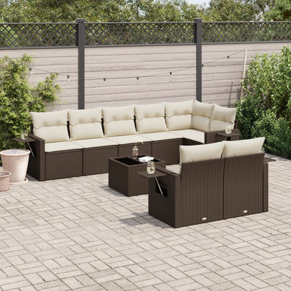 Salon de jardin avec coussins 9 pcs marron résine tressée