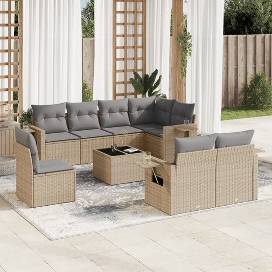 Salon de jardin avec coussins 9 pcs beige résine tressée