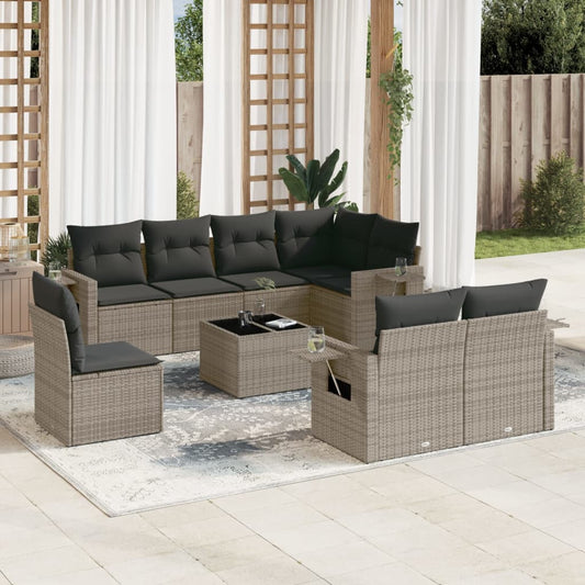 Salon de jardin 9 pcs avec coussins gris résine tressée