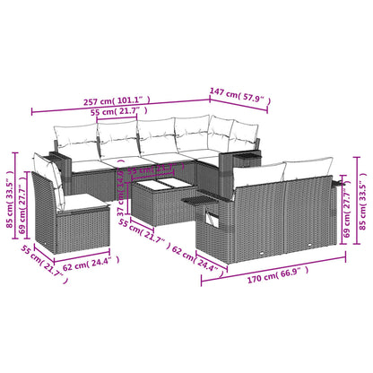 Salon de jardin avec coussins 9 pcs marron résine tressée