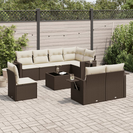 Salon de jardin avec coussins 9 pcs marron résine tressée