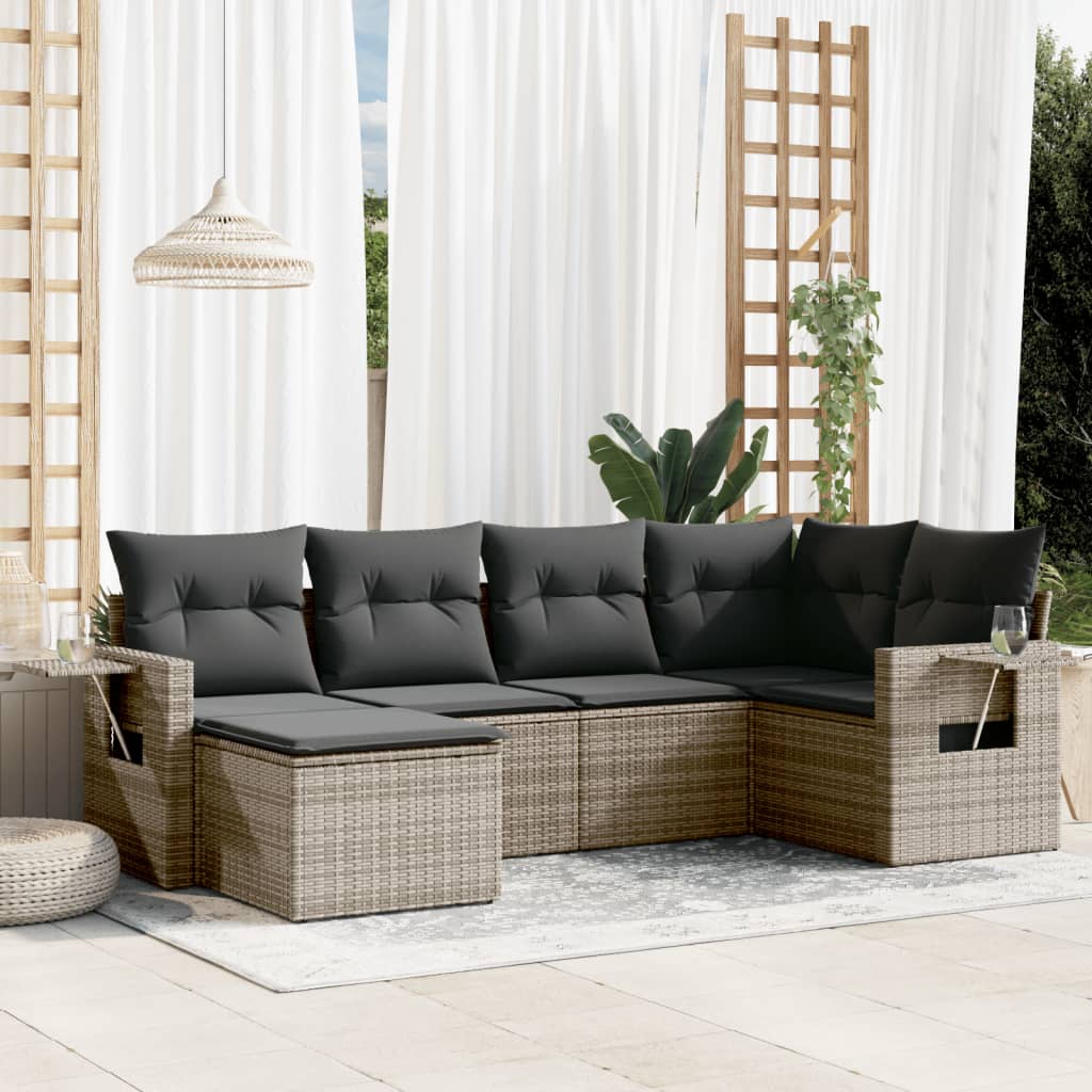 Salon de jardin 6 pcs avec coussins gris résine tressée