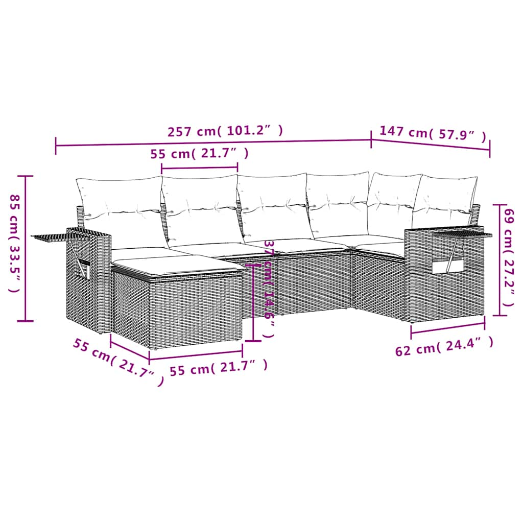 Salon de jardin 6 pcs avec coussins gris clair résine tressée