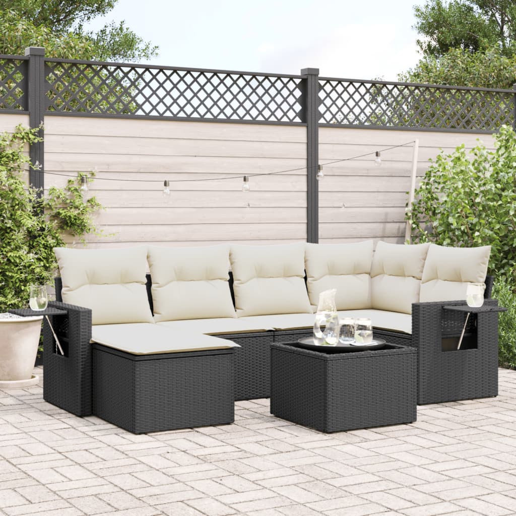 Salon de jardin 7 pcs avec coussins noir résine tressée