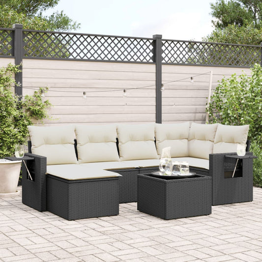 Salon de jardin 7 pcs avec coussins noir résine tressée