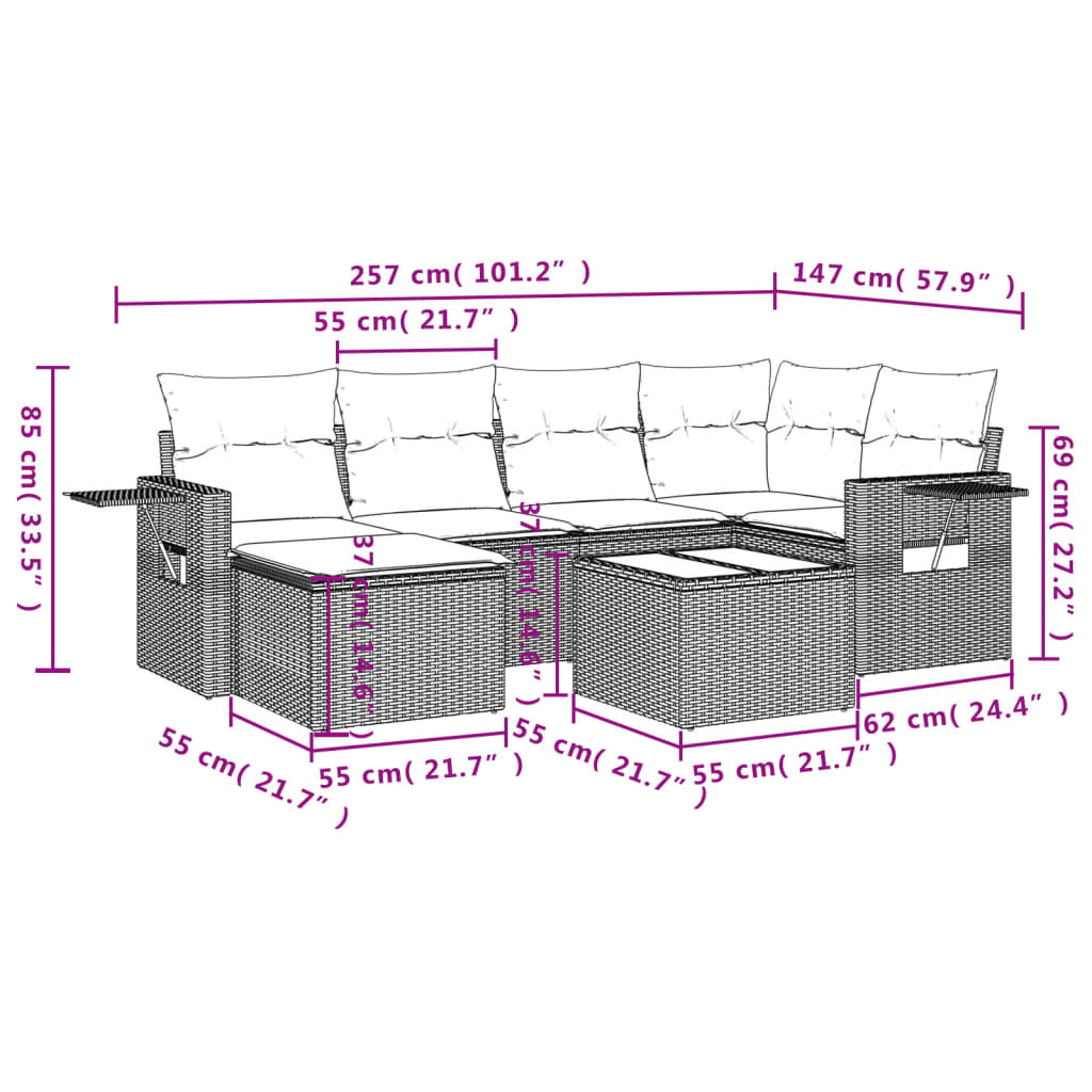 Salon de jardin avec coussins 7 pcs beige résine tressée