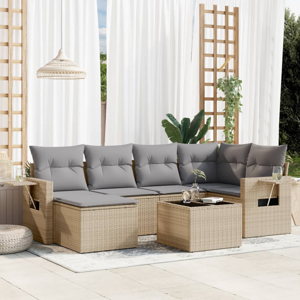 Salon de jardin avec coussins 7 pcs beige résine tressée