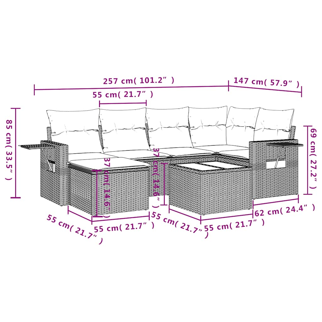 Salon de jardin avec coussins 7 pcs gris clair résine tressée