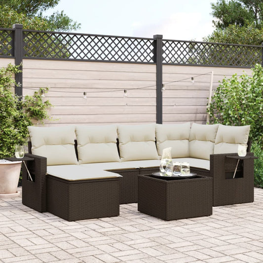 Salon de jardin avec coussins 7 pcs marron résine tressée