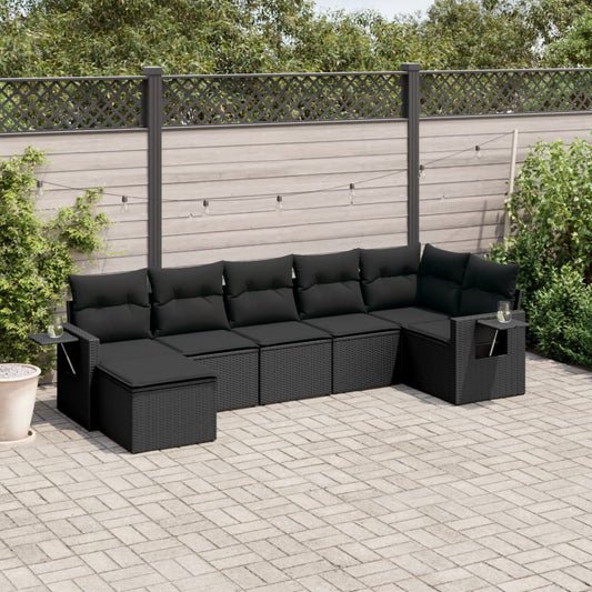 Salon de jardin 7 pcs avec coussins noir résine tressée