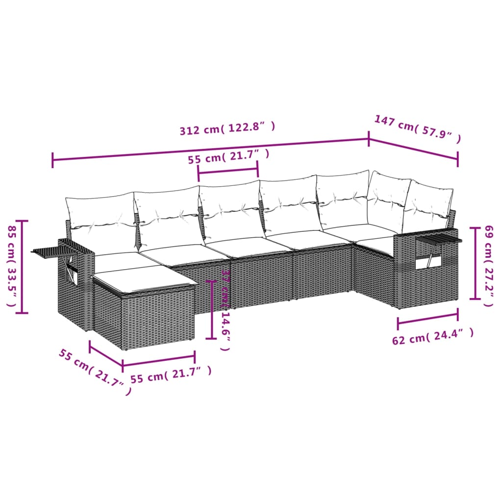 Salon de jardin avec coussins 7 pcs gris résine tressée