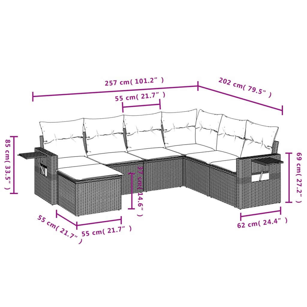 Salon de jardin avec coussins 7 pcs marron résine tressée