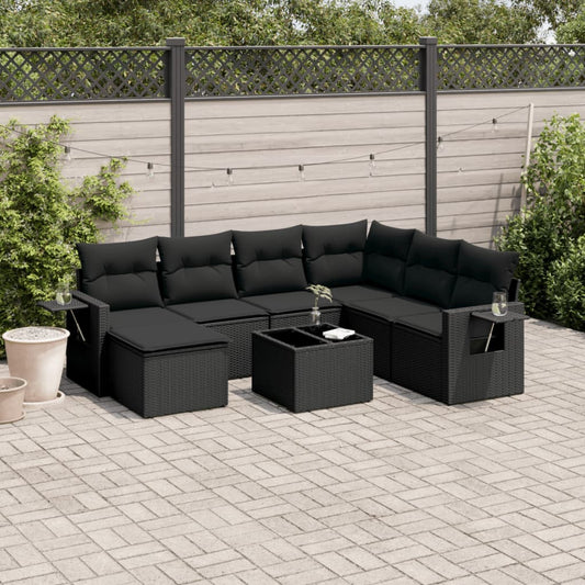 Salon de jardin 8 pcs avec coussins noir résine tressée