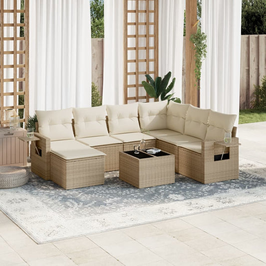 Salon de jardin avec coussins 8 pcs beige résine tressée