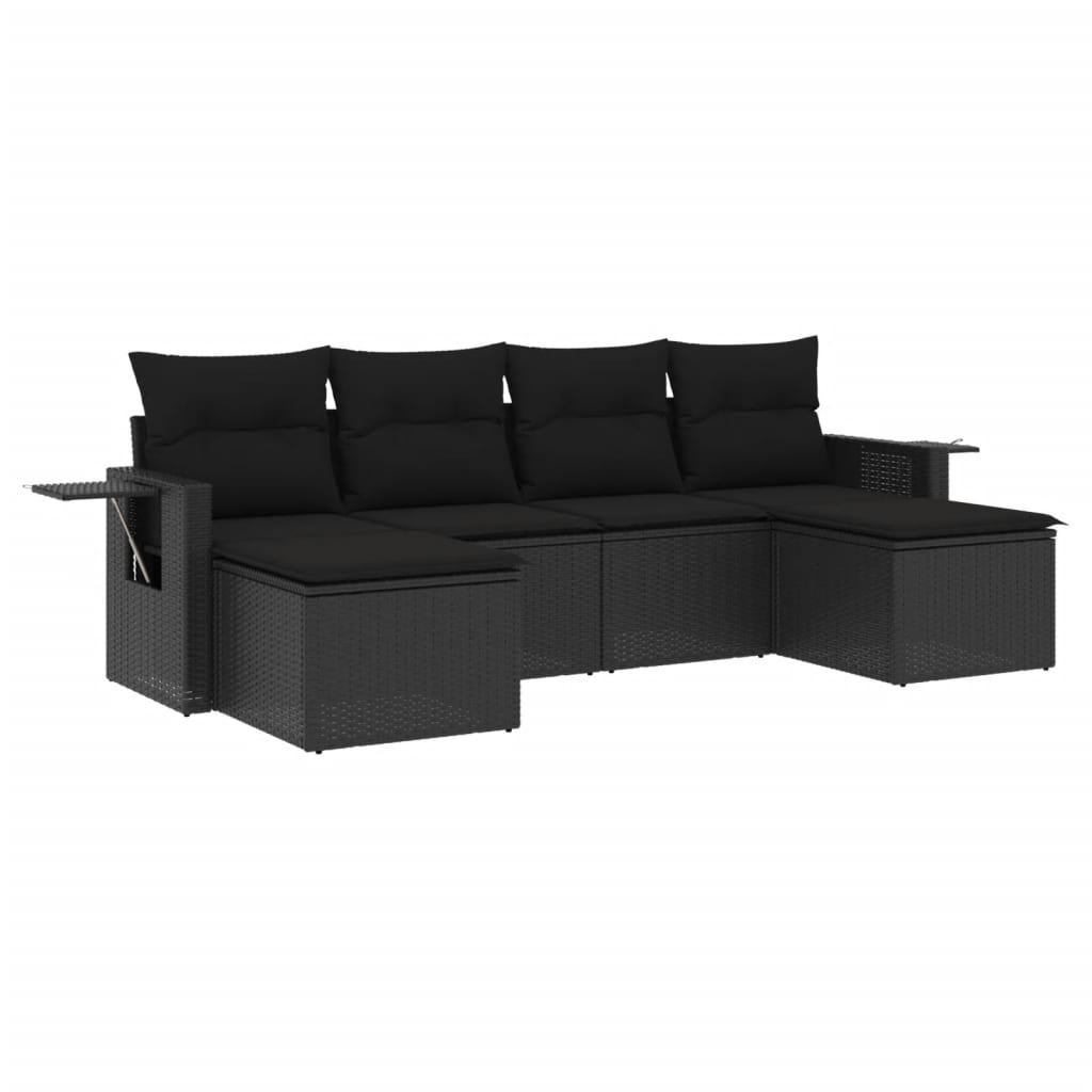 Salon de jardin 6 pcs avec coussins noir résine tressée