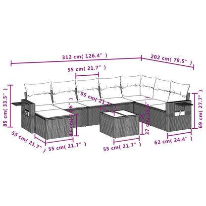 Salon de jardin avec coussins 9 pcs marron résine tressée