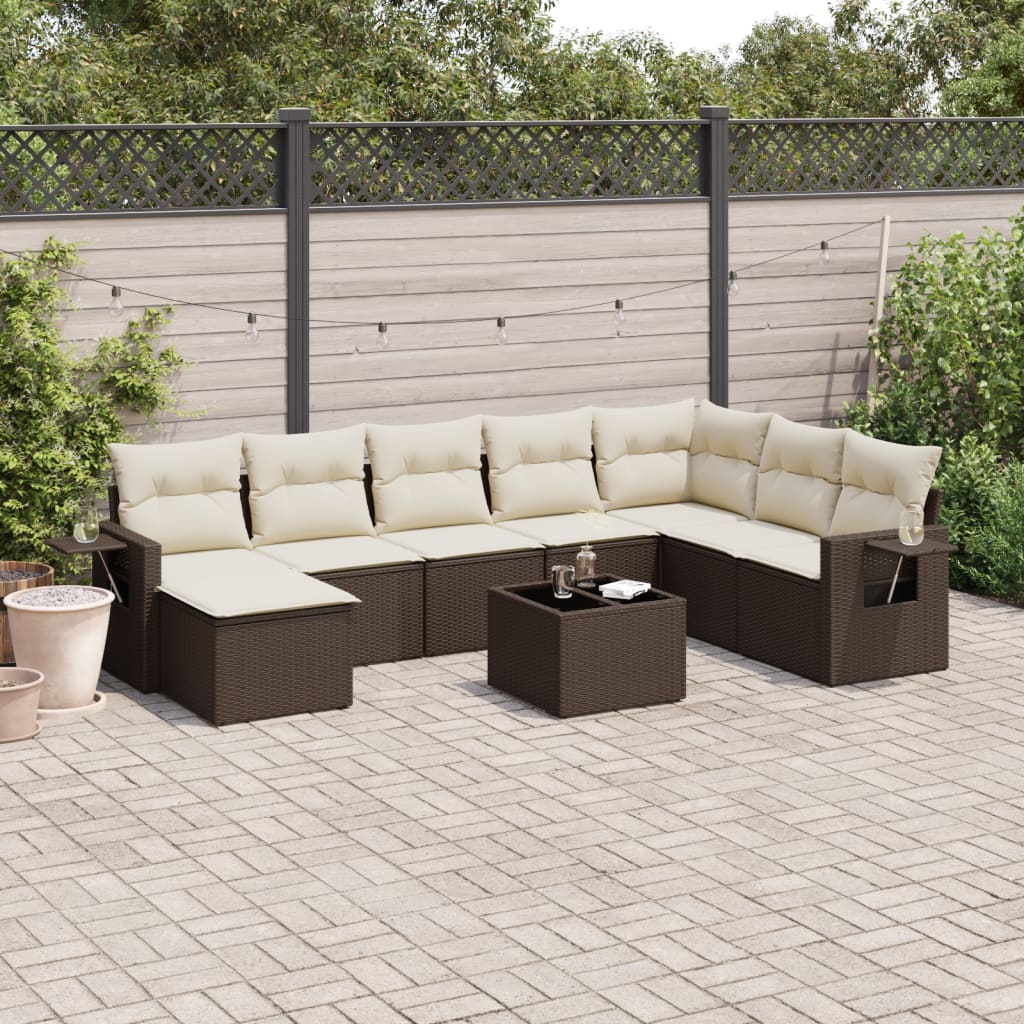 Salon de jardin avec coussins 9 pcs marron résine tressée