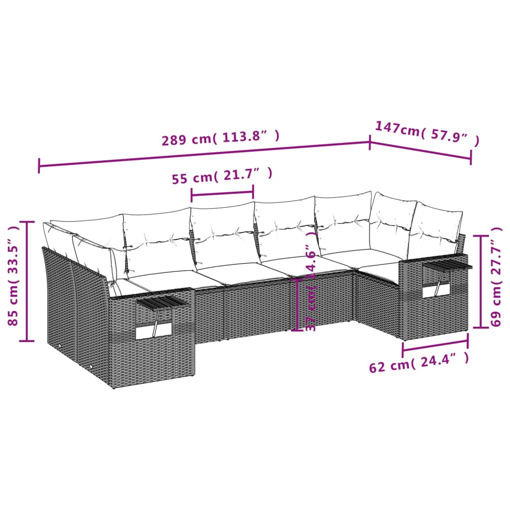 Salon de jardin 7 pcs avec coussins noir résine tressée