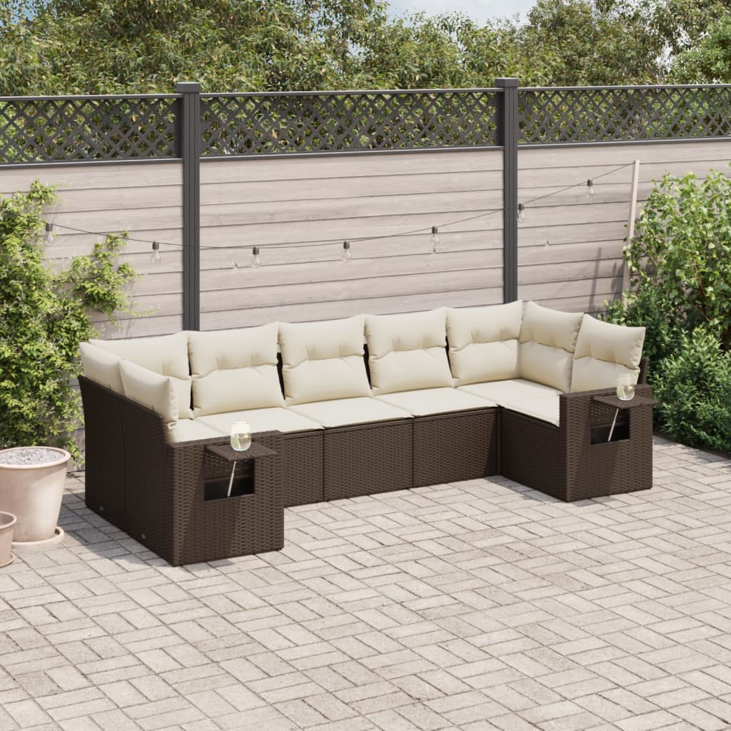 Salon de jardin avec coussins 7 pcs marron résine tressée