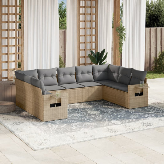 Salon de jardin avec coussins 9 pcs beige résine tressée