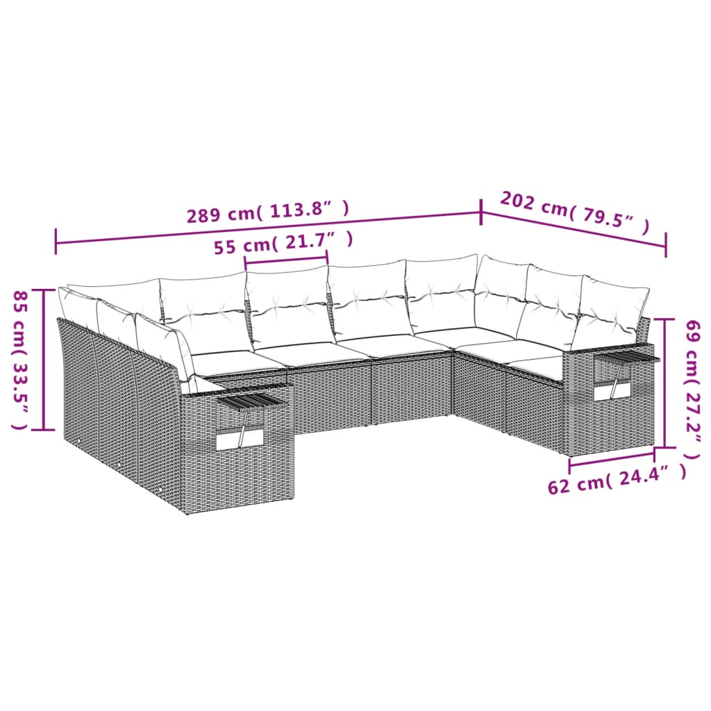 Salon de jardin avec coussins 9 pcs marron résine tressée