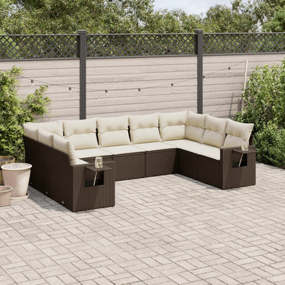 Salon de jardin avec coussins 9 pcs marron résine tressée