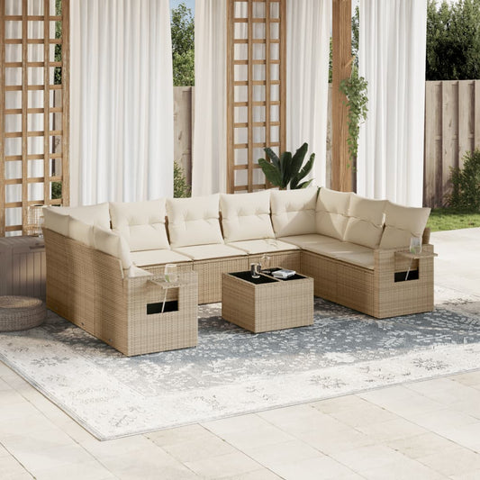 Salon de jardin avec coussins 10 pcs beige résine tressée