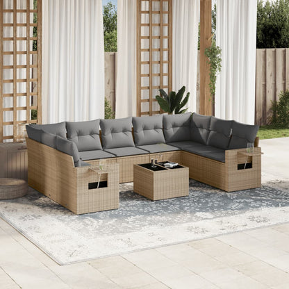 Salon de jardin avec coussins 10 pcs beige résine tressée