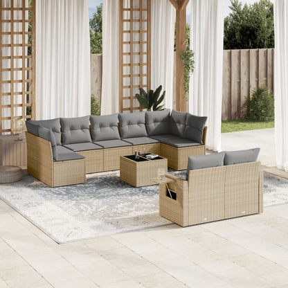 Salon de jardin avec coussins 10 pcs beige résine tressée